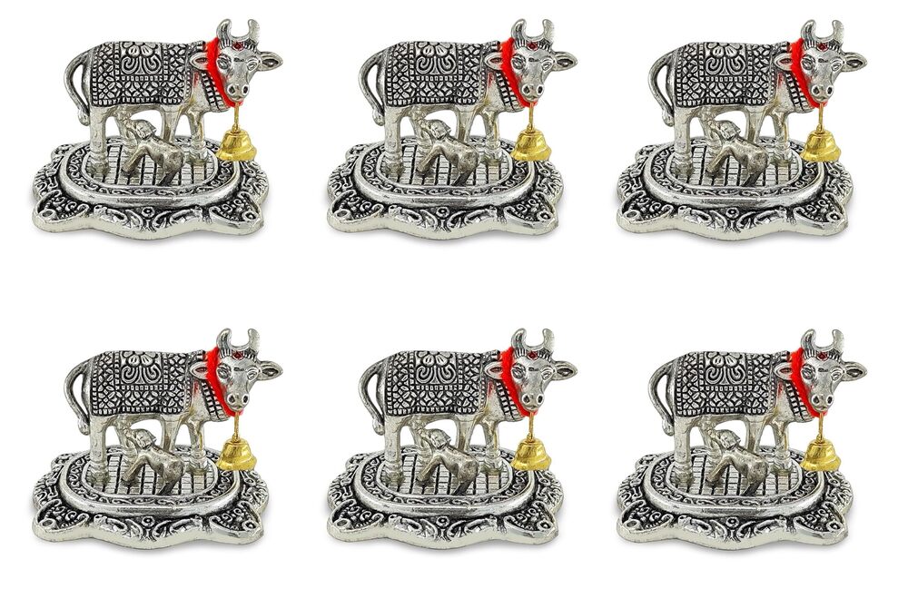 9481 Pooja Items Diwali Gift Silver Antique Small Kamdhenu Cow with Calf